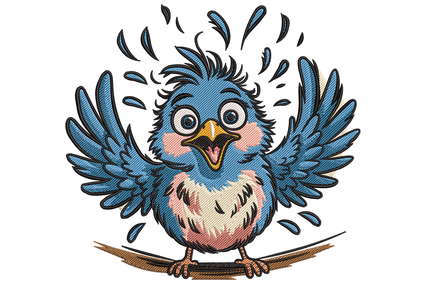 Cute excited little bird embroidery with cobalt blue feathers, wings flung up, wide googly eyes and surprise droplets around head.