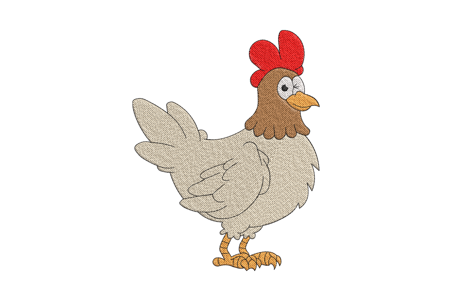 Farm hen embroidery design with plump rust-coloured hen, red comb and wattle, and three butter-yellow chicks at her feet on a simple ground shadow.