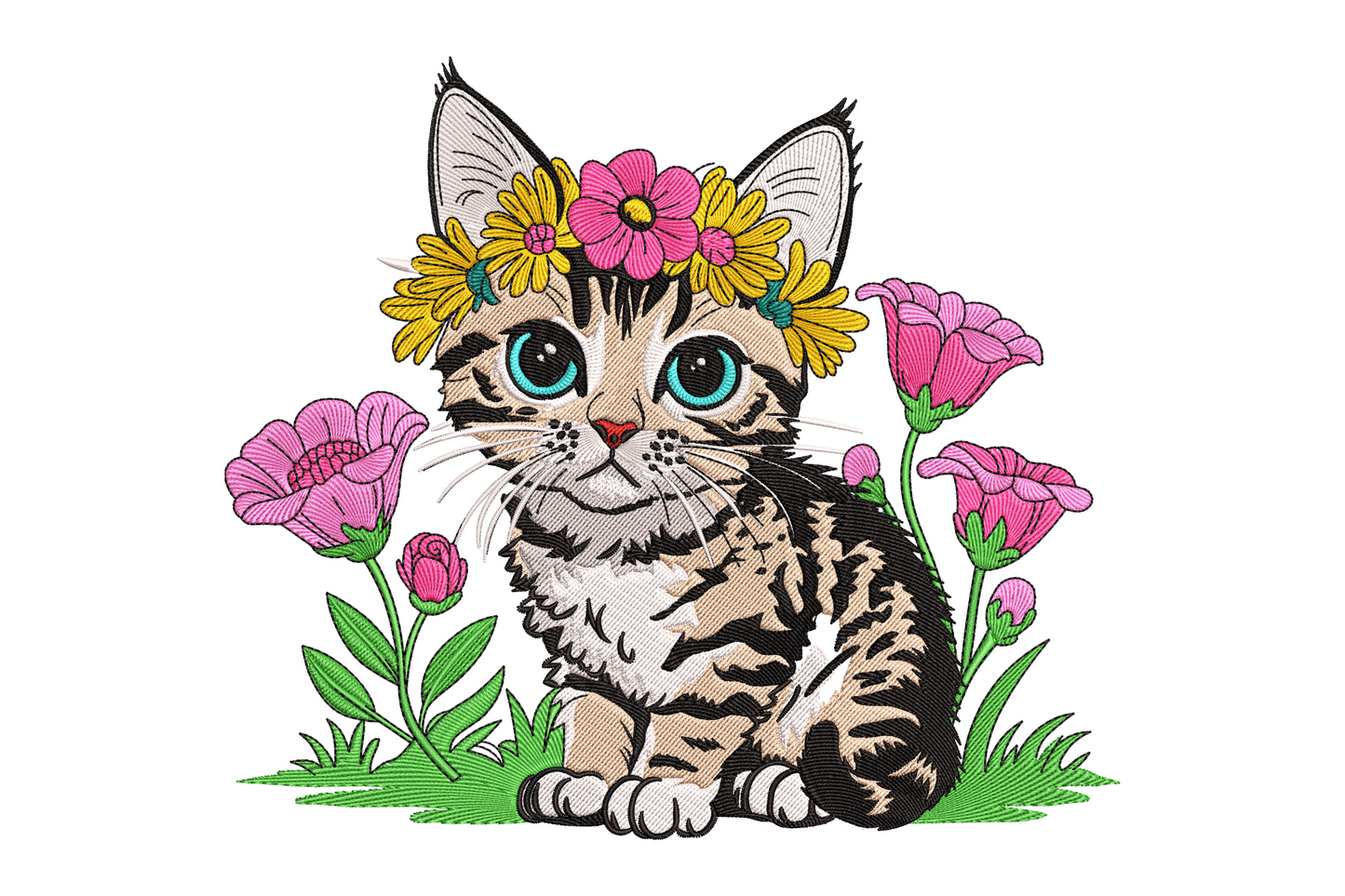 Tabby kitten embroidery design sitting upright with a flower crown of yellow daisies and pink blossoms, vivid blue eyes, surrounded by tall pink poppy blooms and green grass in 11 colours.