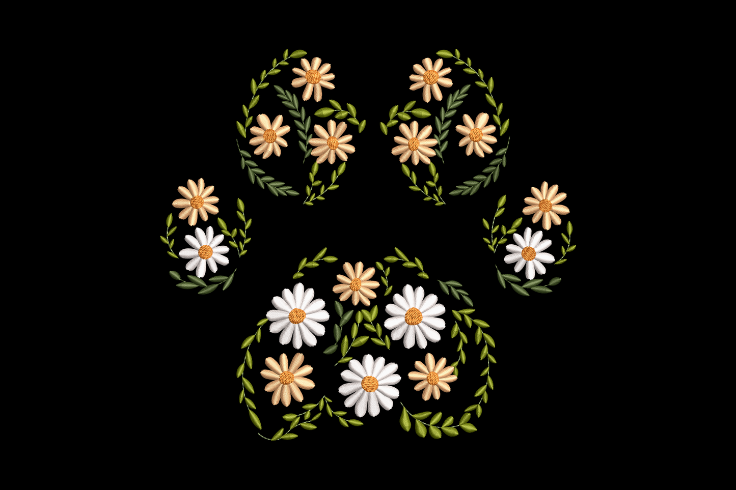 Paw print silhouette filled entirely with scattered daisies, pink roses, yellow buds, and sage leaves in detailed floral botanical illustration style.