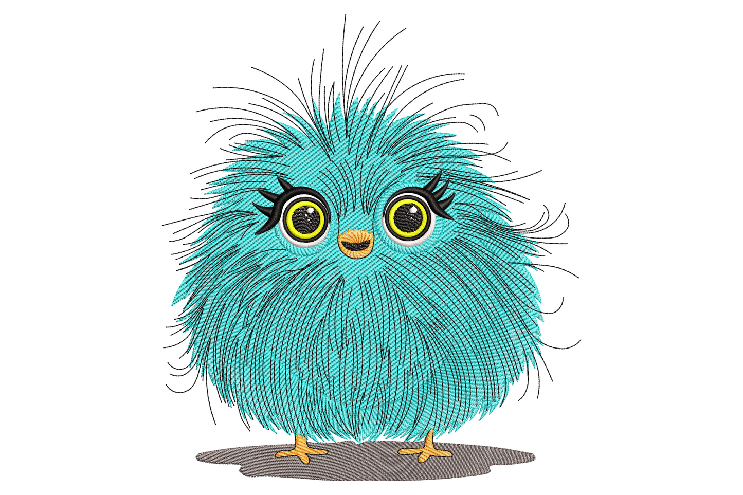 Fluffy blue chick embroidery with teal wispy feathers, huge eyelash eyes, yellow beak and tiny feet on white background.