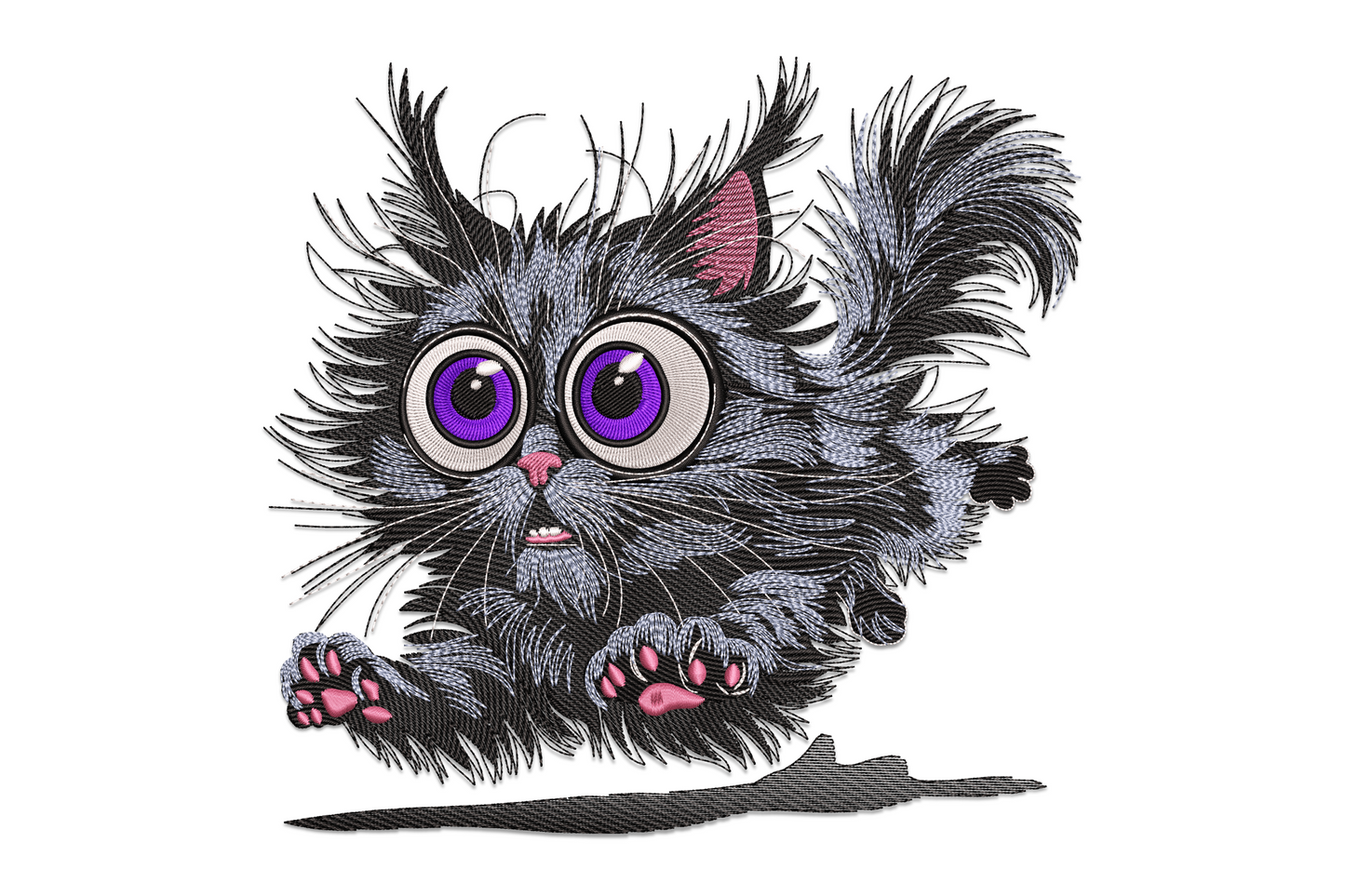 Fluffy round kitten embroidery with oversized purple eyes, scruffy grey fur radiating outward, pink nose and paws