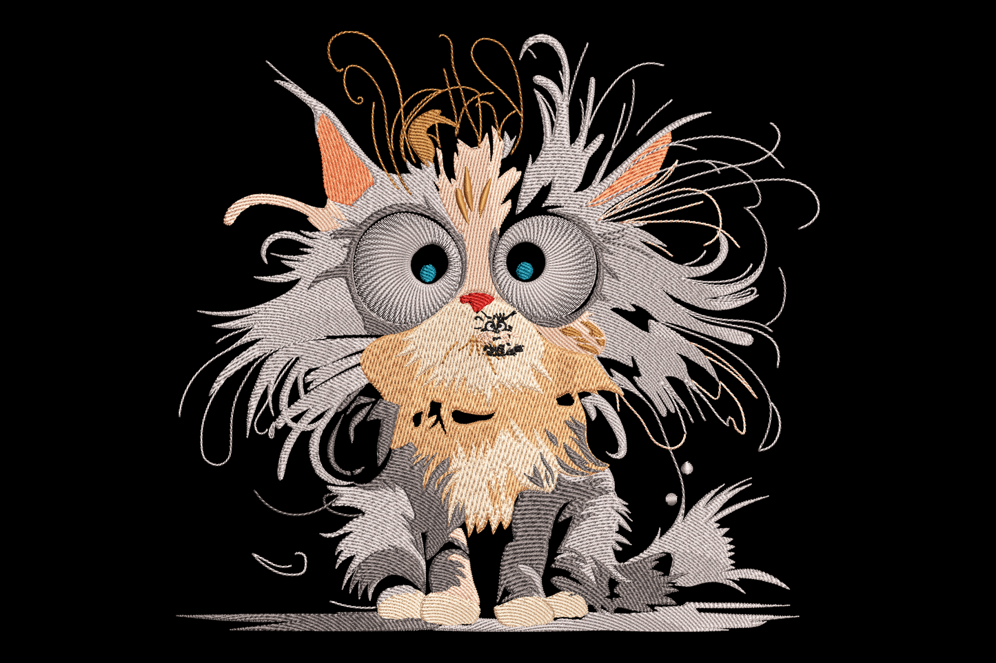 Cute fluffy kitten embroidery design with wild silver-grey fur spikes, oversized blue eyes and golden head tuft on dark background.