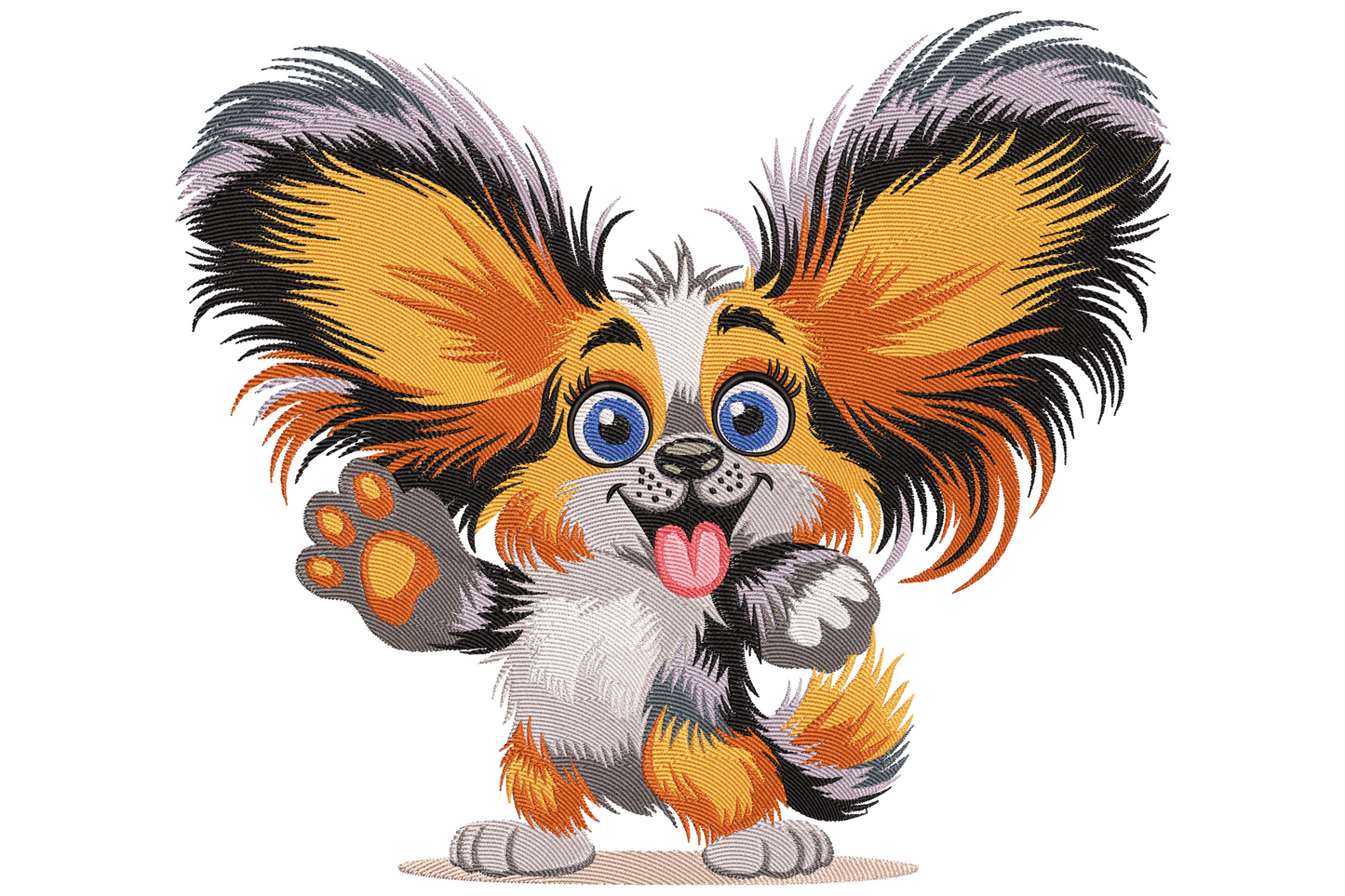 Fluffy cartoon puppy embroidery with fanned-out orange and grey-tipped ears, blue eyes, pink tongue and one raised waving paw, front-facing.