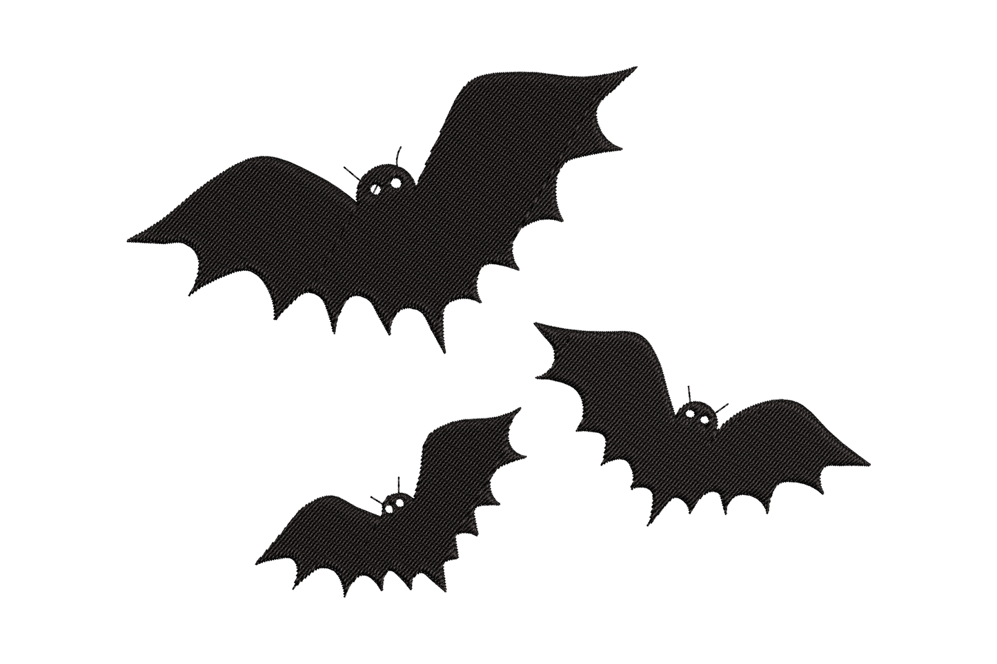 Three black silhouette bats flying in loose triangle formation, wings spread, pointy ears, scallop wing edges, minimal vector style halloween motif.