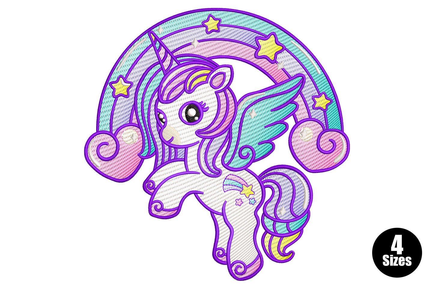 Cute kawaii flying unicorn embroidery design with a teal wing, purple and teal mane, rainbow arc and gold stars