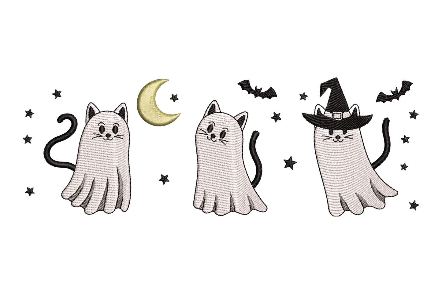 Cute ghost cats Halloween embroidery design, cats wearing white ghost sheets with black dot eyes, kawaii spooky style