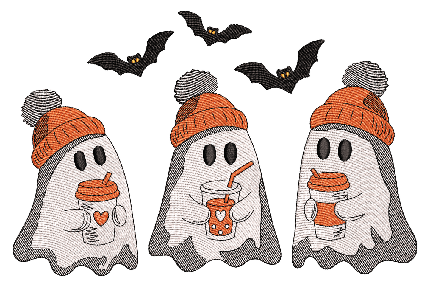 Cute ghost holding a coffee cup halloween embroidery design, round white cartoon ghost with caramel latte in four colour kawaii-style machine embroidery