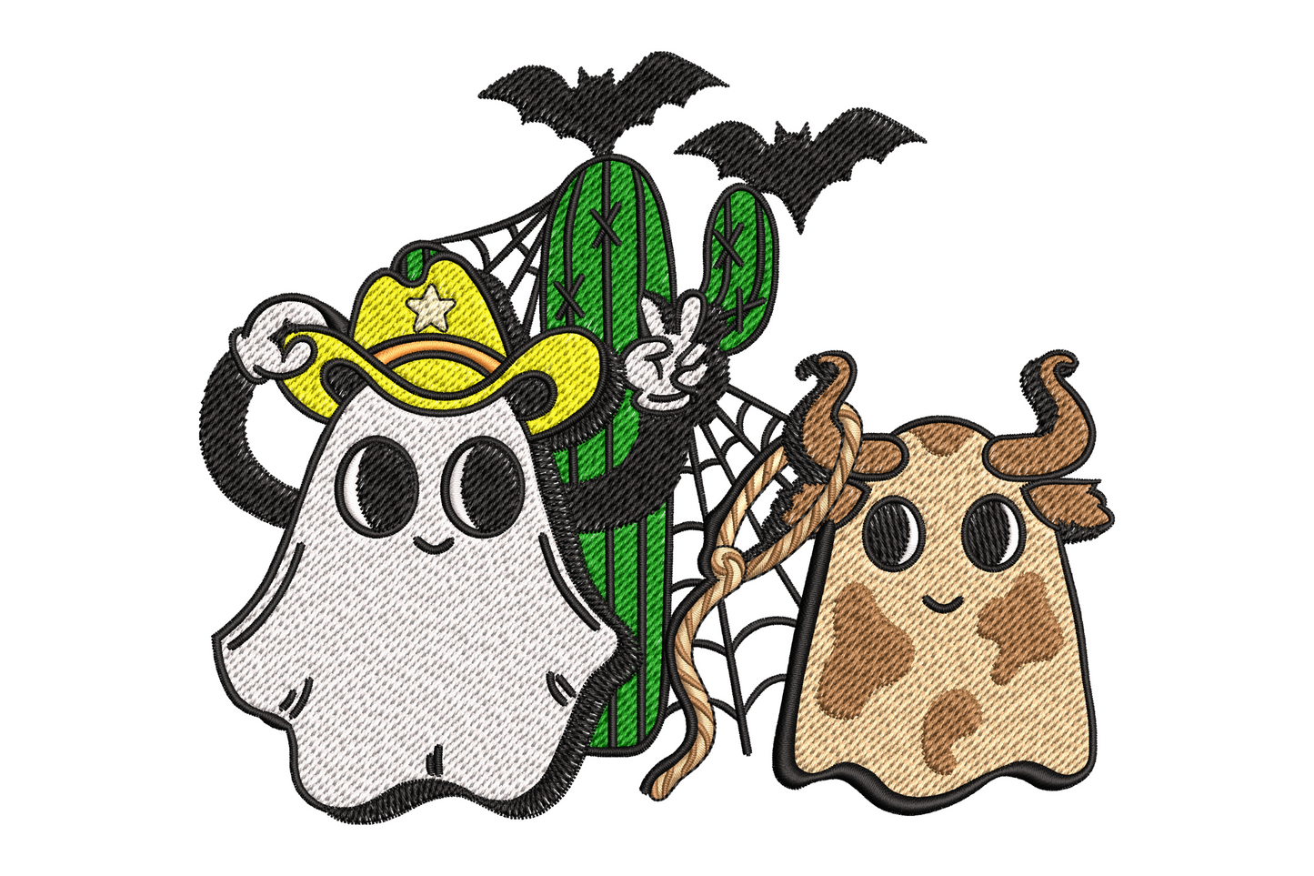 Cute western Halloween ghost embroidery design showing a cowboy ghost in yellow hat with lasso and a cow-spotted ghost with horns standing beside a cactus with spider web and black bat silhouettes overhead on white background