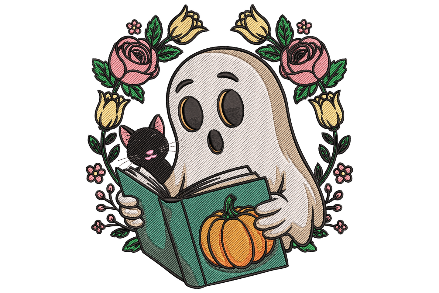 Cute ghost reading a pumpkin-cover book embroidery design with black cat and floral rose wreath, cream body and forest green leaves.