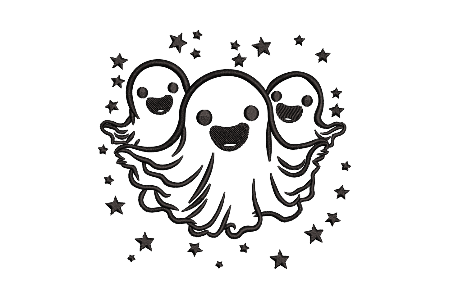 Machine embroidery design of three small round Halloween ghosts in a row each with a different cute facial expression