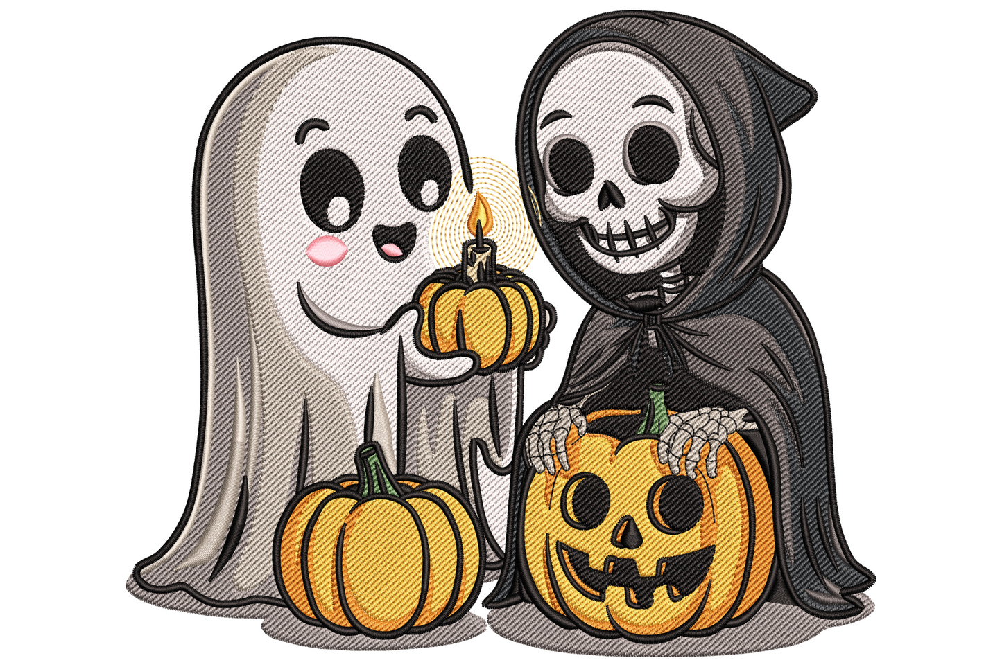 Ghost and grim reaper halloween embroidery design, cute chibi duo in white grey and black with purple accents facing each other, 3.5 inches wide.