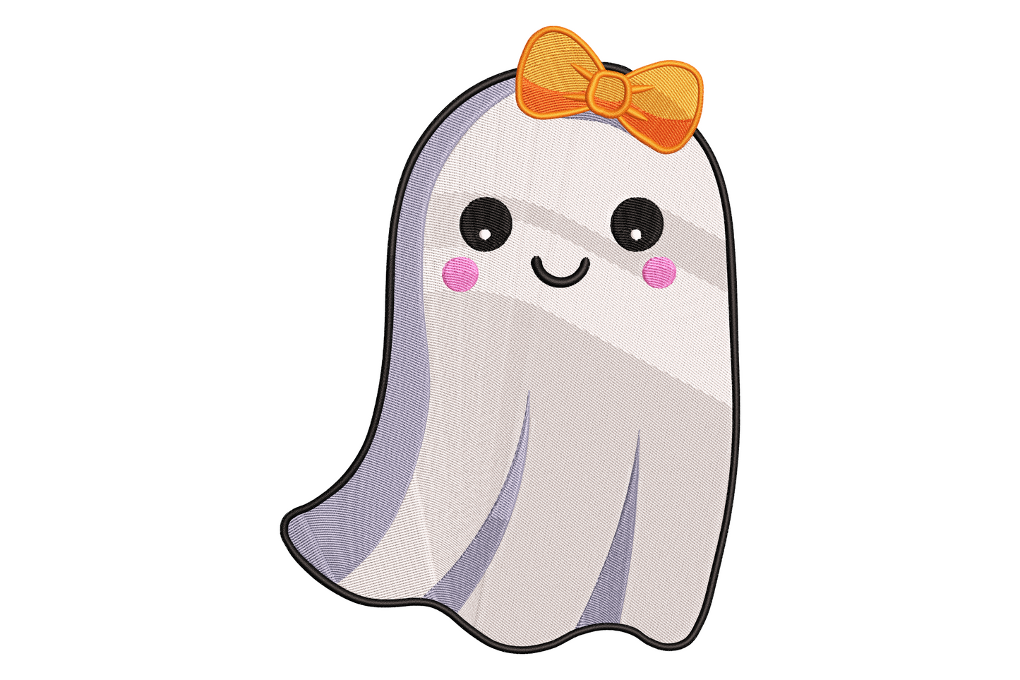 Cute kawaii ghost embroidery with orange bow on head, pink cheeks, tiny smile and big black eyes on a rounded cream white body