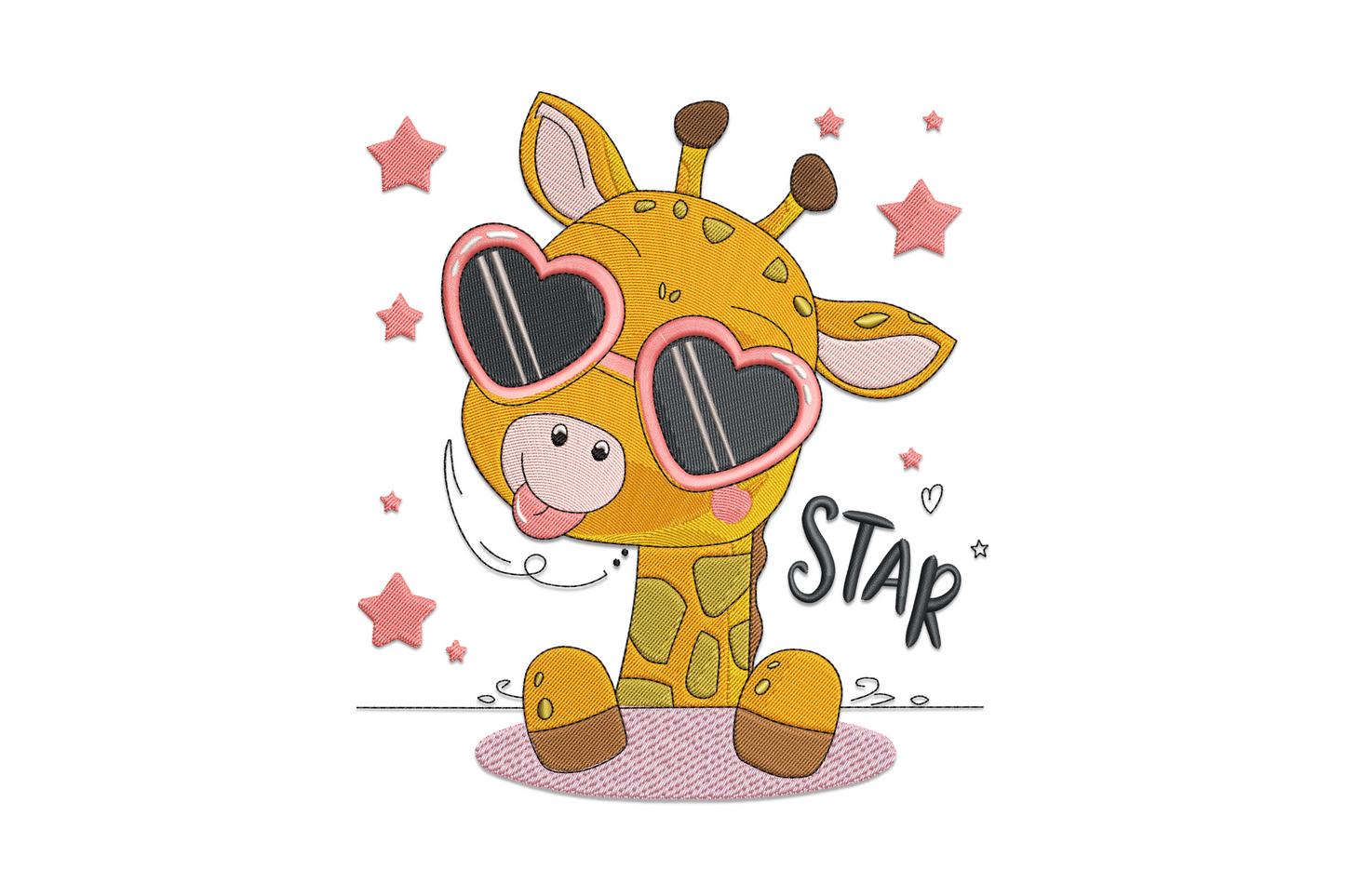 Giraffe with star kids machine embroidery design, 12 colours, cartoon safari style, warm amber and cream with yellow star accent
