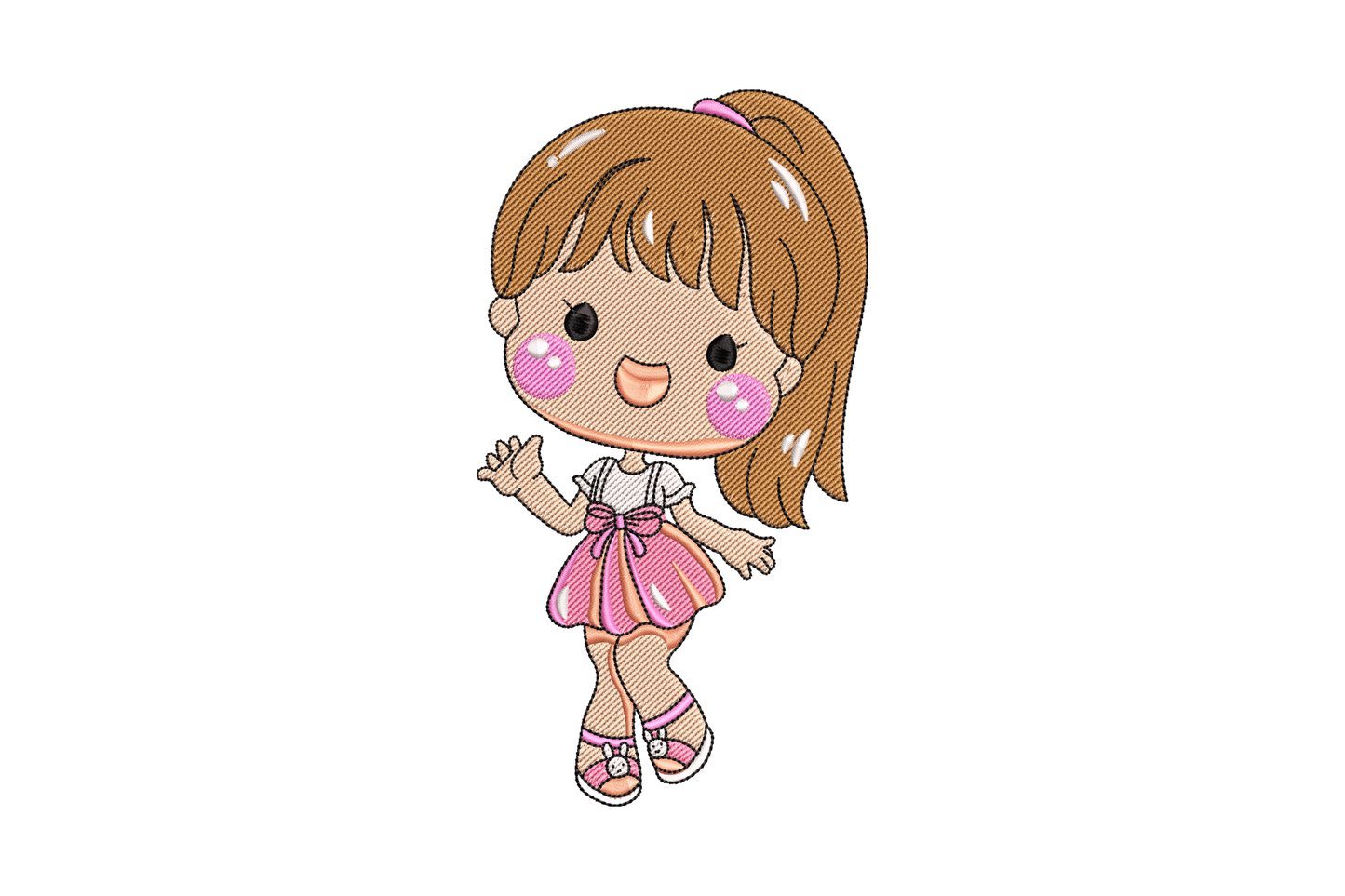 Chibi kawaii girl embroidery design with brown ponytail, waving hand, white top, pink pleated skirt and bow, pink sandals.
