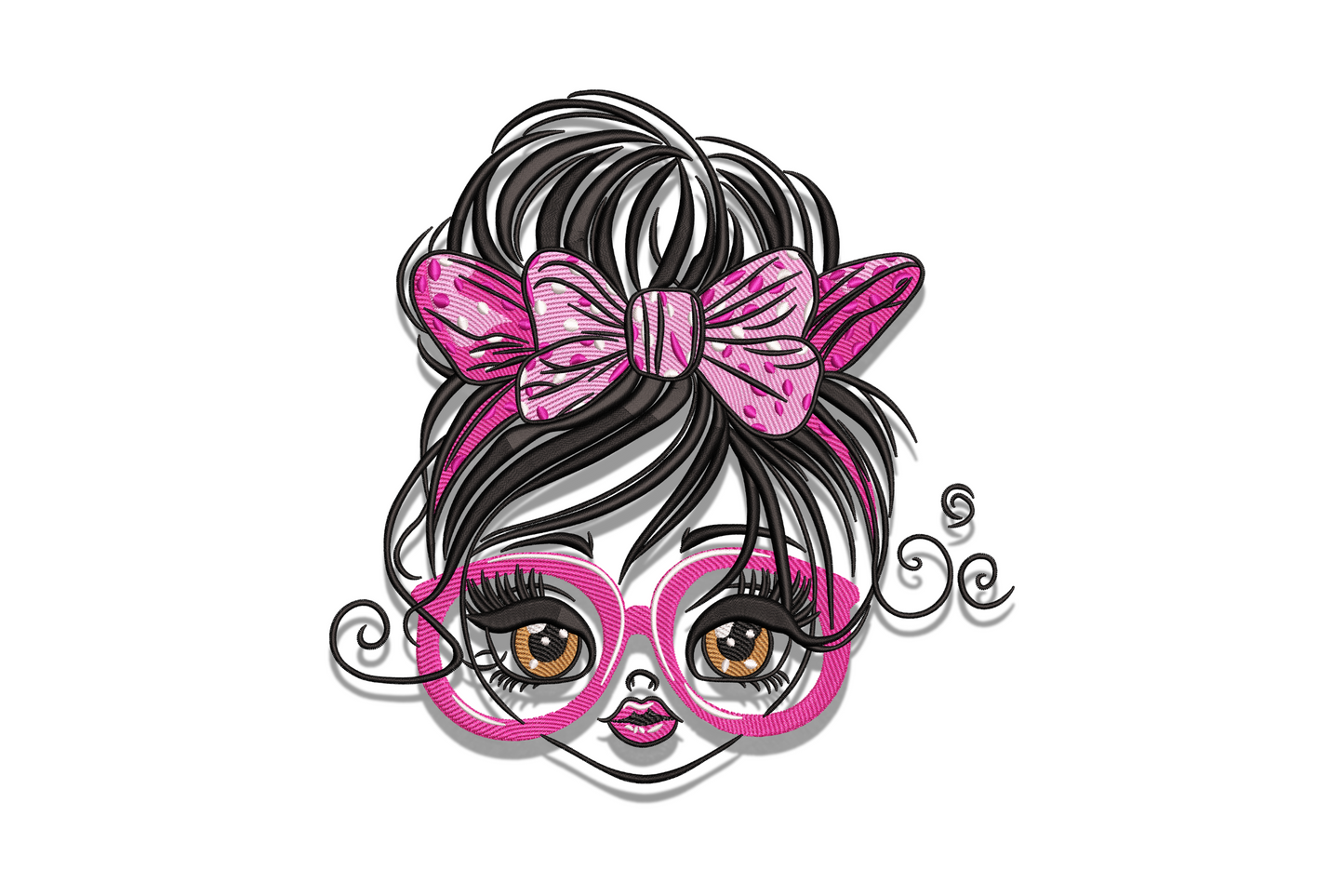 Cute cartoon girl with messy bun, pink sparkly bow, oversized pink round glasses and big lashes, modern tween sticker style embroidery
