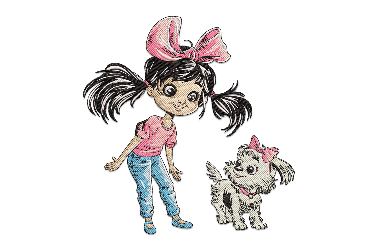 Cute cartoon girl with black pigtails and pink bow next to fluffy puppy with matching bow, embroidery design