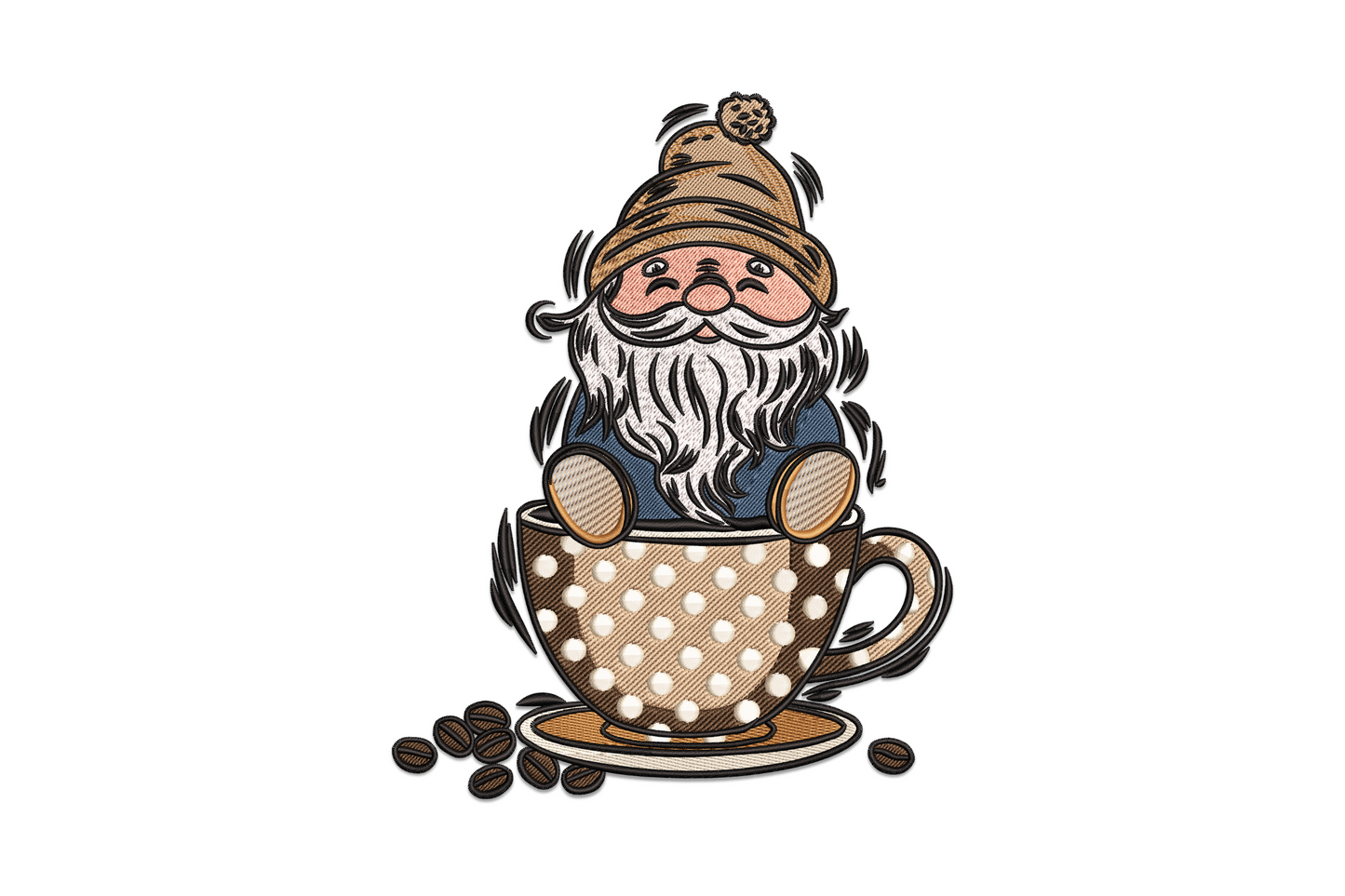 Cute gnome coffee cup embroidery design, gnome peeking over a steaming coffee mug, 5 sizes for kitchen gifts and coffee lover projects