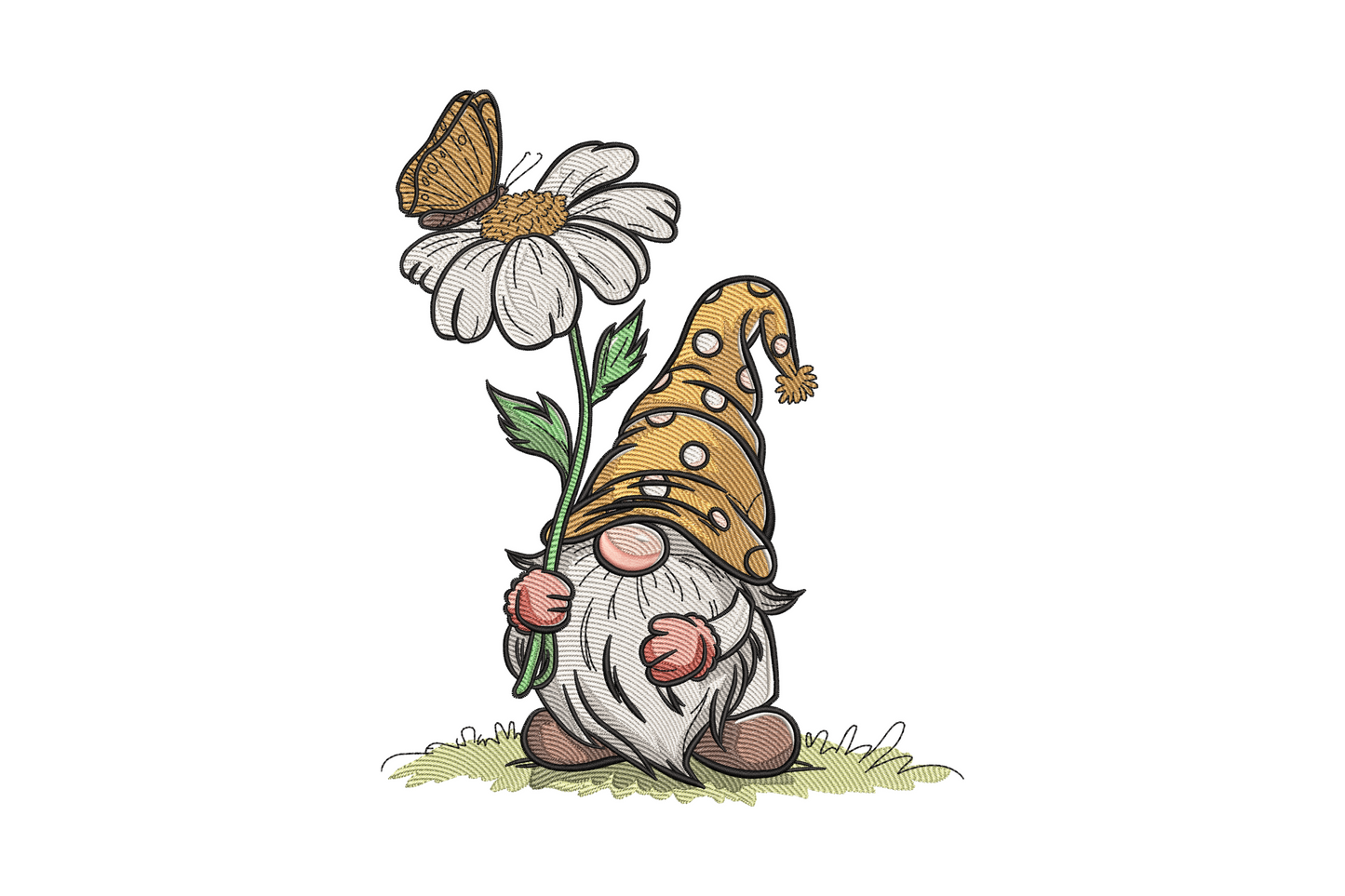 Cute spring gnome wearing mustard yellow polka dot hat holding a daisy with peach butterfly perched on top, white striped beard, painterly embroidery