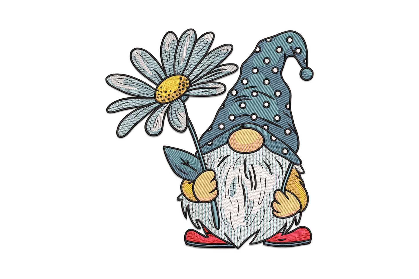 Gnome with daisy embroidery design, blue polka-dot hat, sand beard, red boots, 10 colour spring character design.