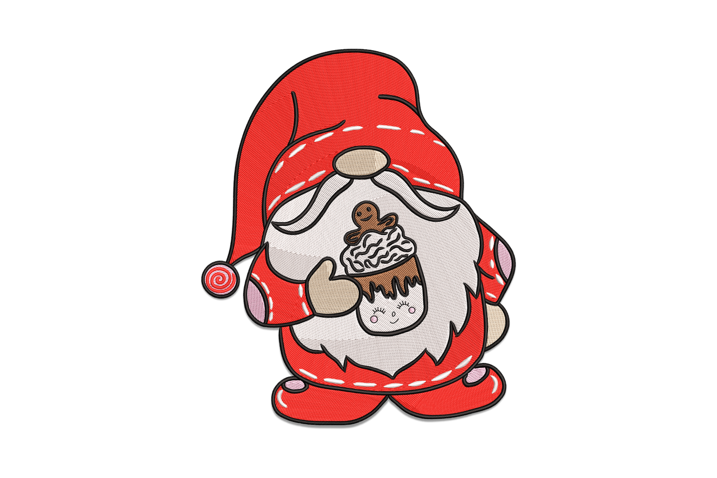 Machine embroidery design of a round gnome in red hat with white beard holding a cocoa mug with whipped cream topping, 6 colors