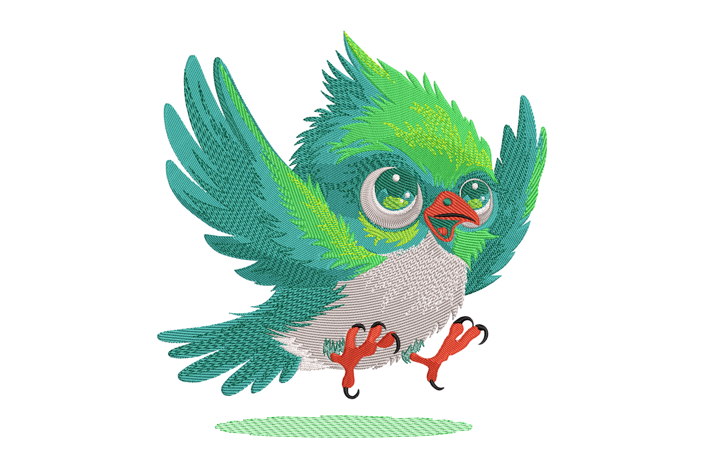 Cute green owl machine embroidery design with amber eyes and layered feather stitching, round chubby shape in sage and lime green tones