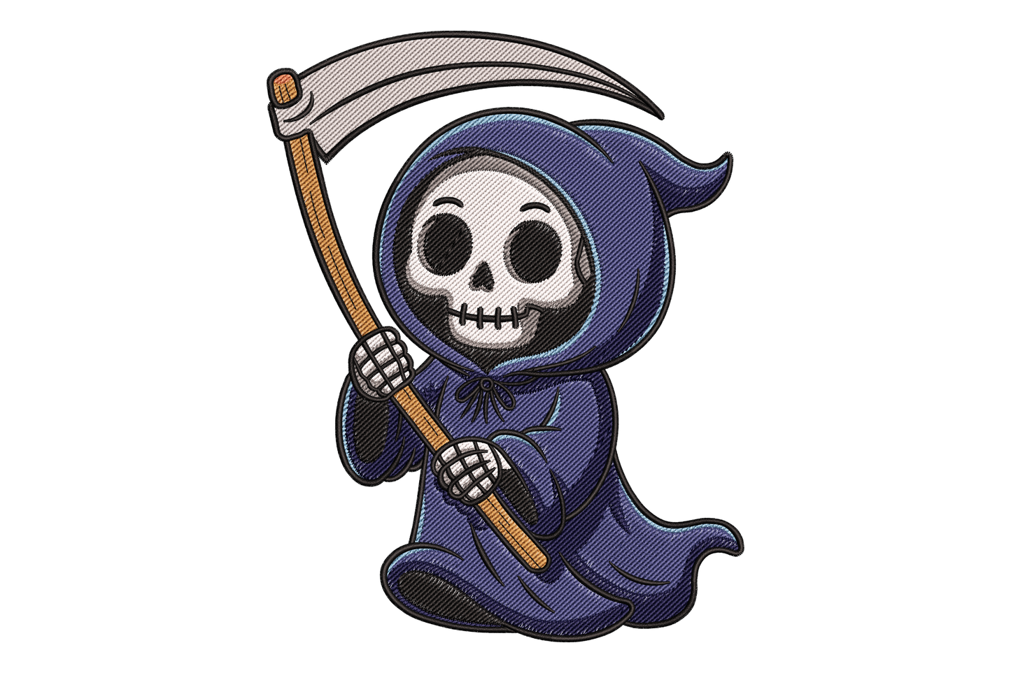 Cute chibi grim reaper embroidery design with dusty blue hooded robe wooden scythe and friendly skull face in spooky cartoon style