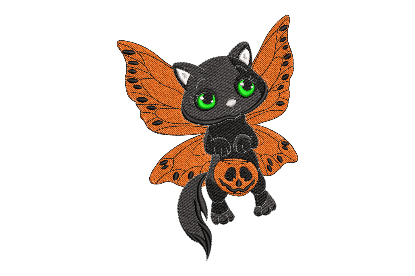Whimsical cat character with large butterfly wings in 6 colours including coral orange and lavender, halloween fantasy machine embroidery design, 5 sizes from 3.5 to 7.5 inches wide