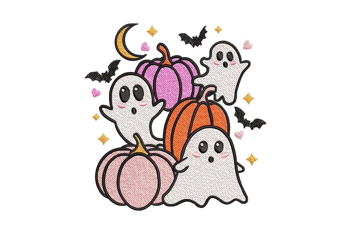 Machine embroidery design of kawaii halloween ghosts and pumpkins in orange, pink, white, and black thread on dark fabric.