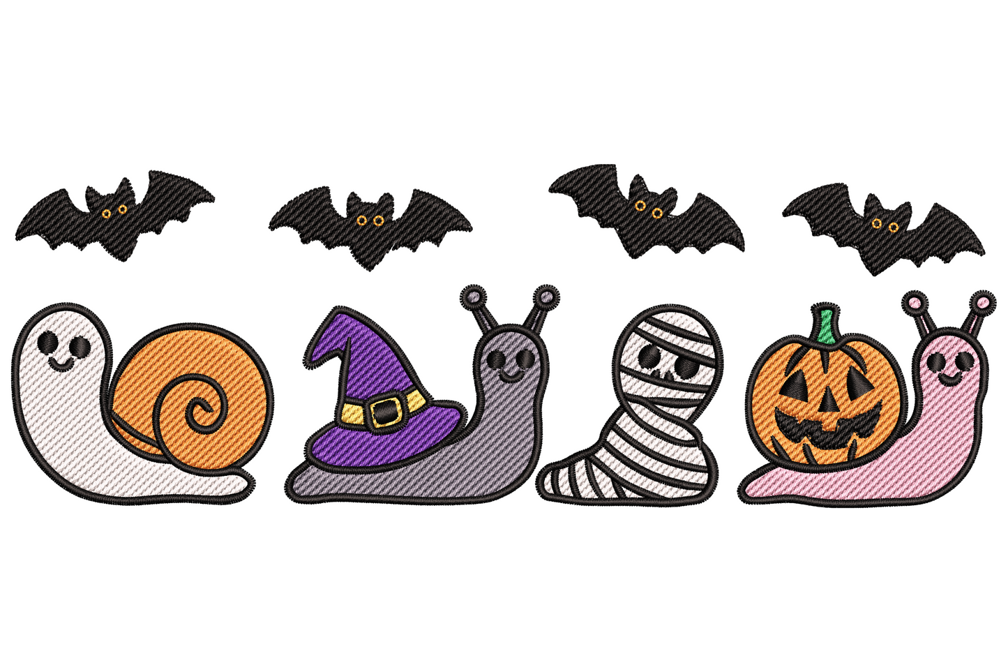 Halloween snail embroidery design showing four cartoon snails as ghost, witch, mummy and pumpkin with bats, in a horizontal border row.