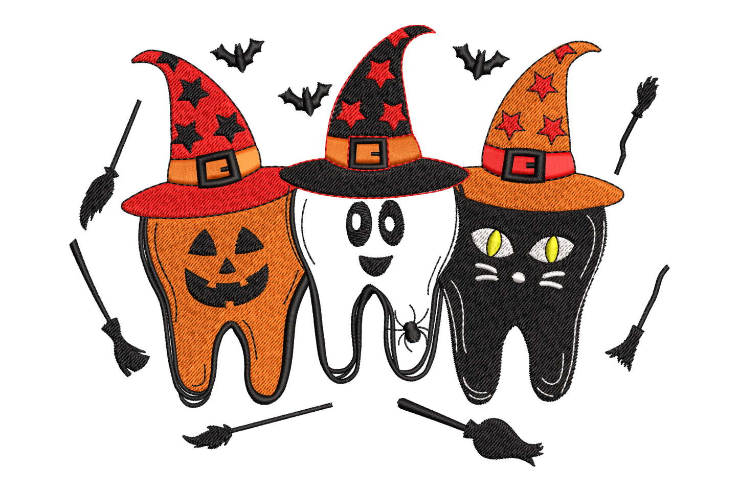 Cute halloween trio with pumpkin ghost and cat characters side by side in 6 colours, machine embroidery design, shown on white fabric, 5 sizes from 2.6 to 5.5 inches wide