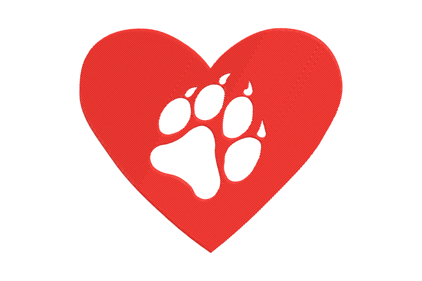 Cute heart with paw print embroidery design showing an open heart outline containing a solid-fill paw print with 4 toe pads, single colour, 6 sizes from 2.5 to 7.5 inches wide