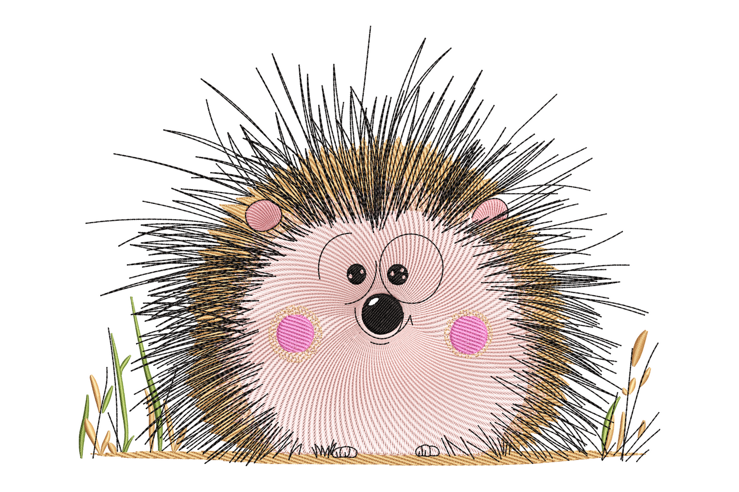 Cute cartoon hedgehog embroidery with radiating brown spines, rosy pink cheeks and round belly, sitting in green grass with wheat stems.