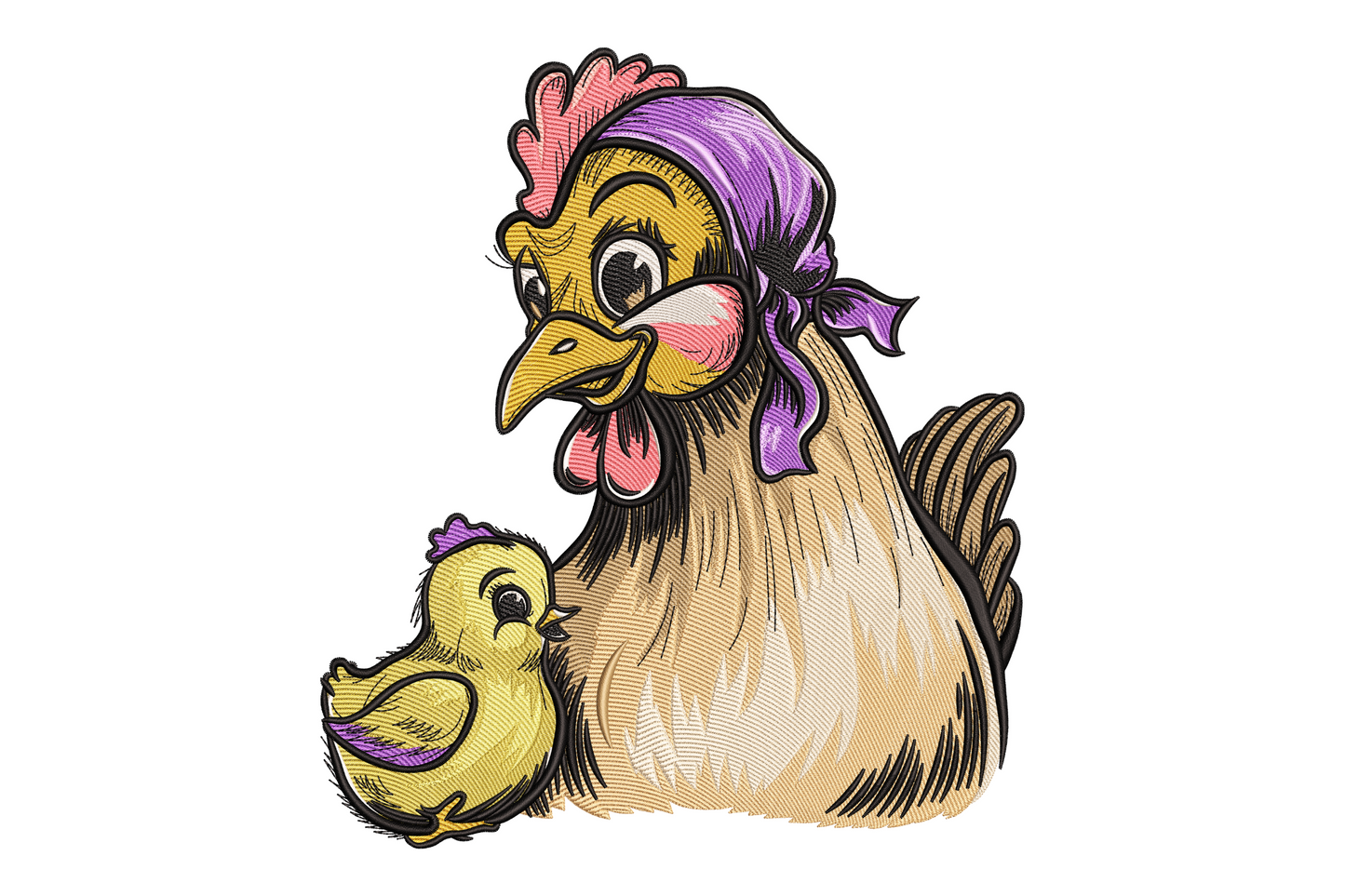 Mother hen and chick machine embroidery design, 14 colours, directional feather fill, rust and scarlet thread on cream tea towel, 9 sizes.
