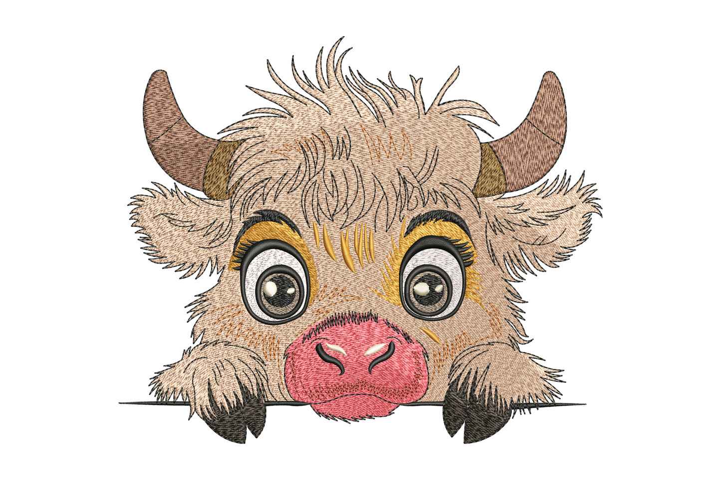 Highland cow peekaboo embroidery design, shaggy fringe cow peeking over edge, 13 colours, 5 sizes