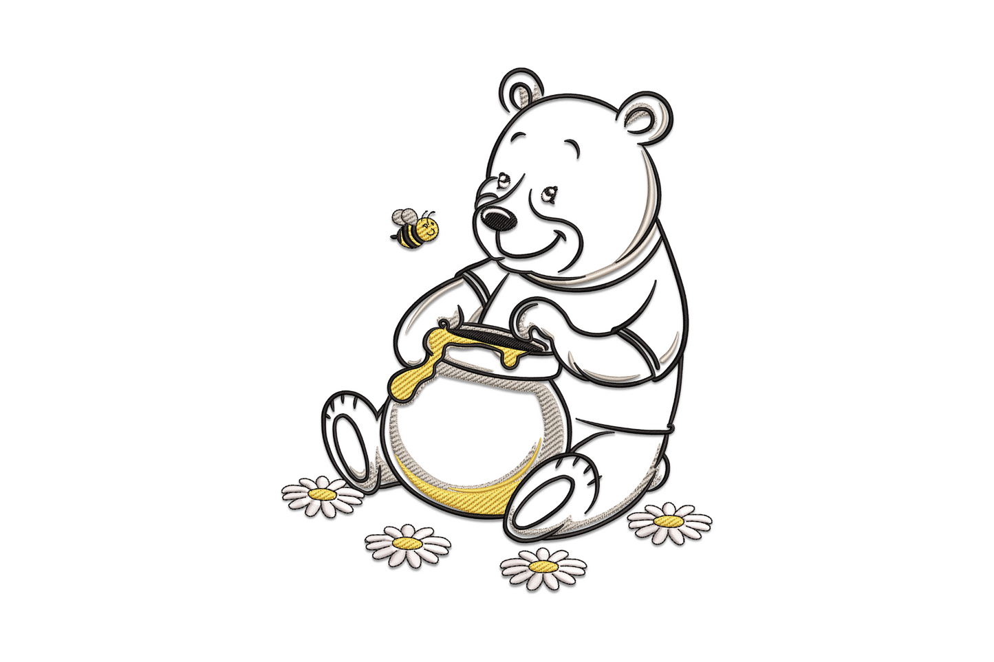 Cute honey bear with bee embroidery, chubby cartoon bear hugging amber honey pot, small bee and white daisies, soft grey tones.