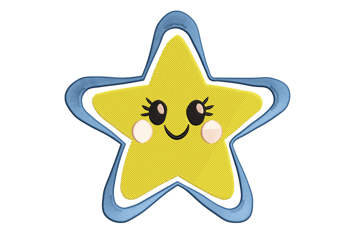 Kawaii embroidery of a yellow smiling star with big lashed eyes, peach cheeks and a denim blue scribble outline.