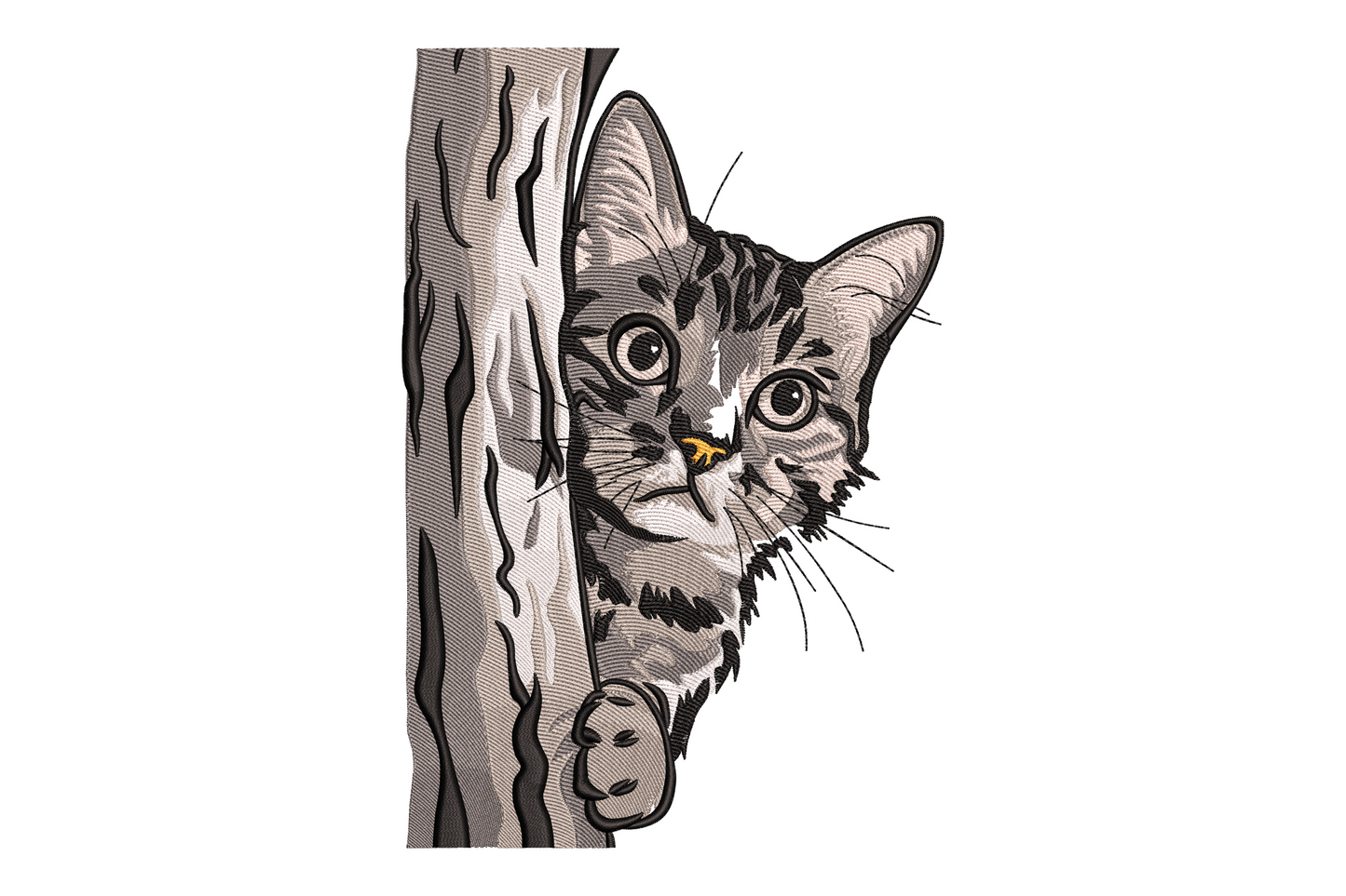 Kawaii kitten peeking behind a tree embroidery design, small orange cat with big eyes and paws gripping the trunk, 6 colour cartoon style