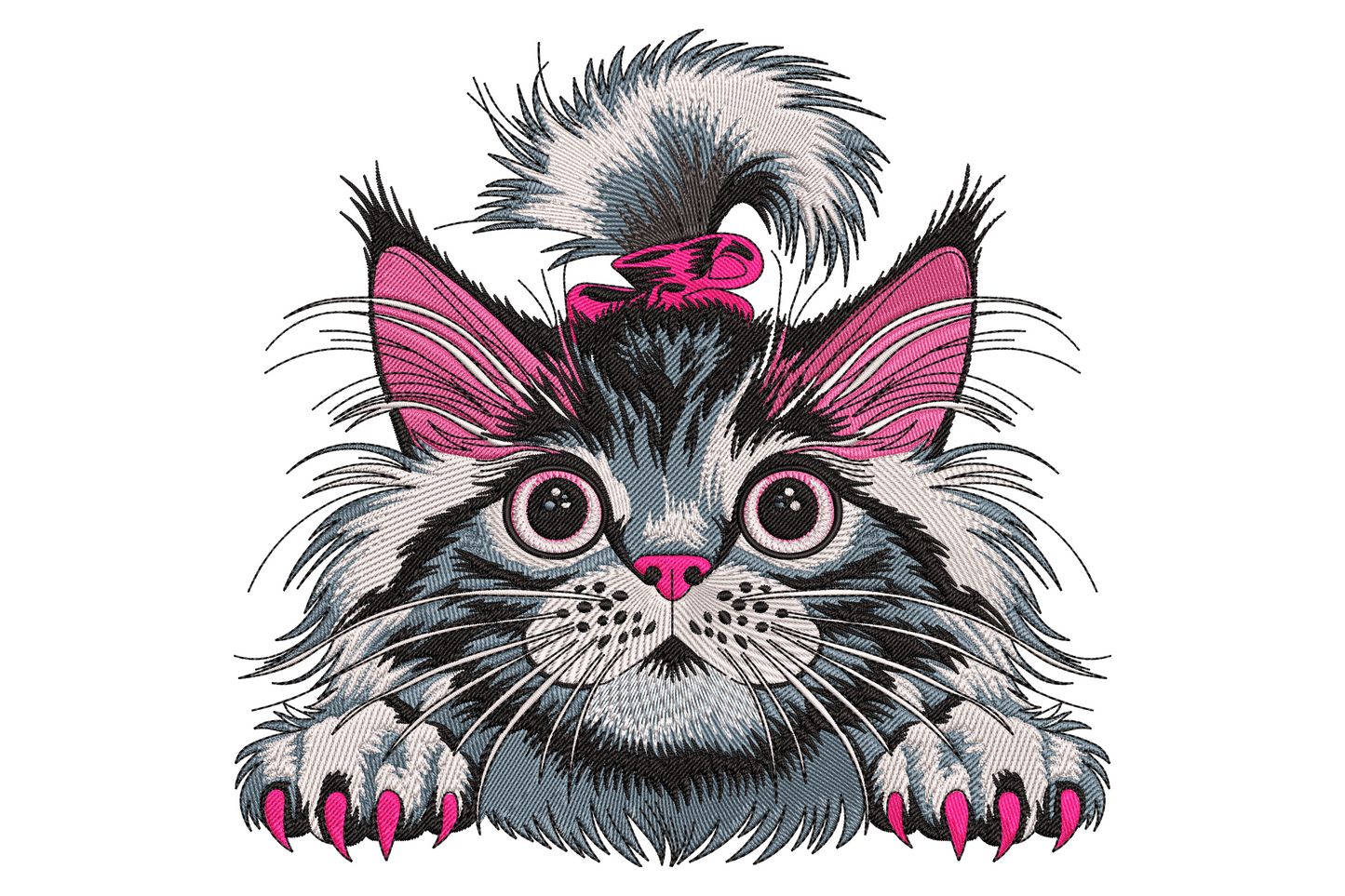 Cute kitten peeking embroidery design with enormous blue eyes, hot pink bow and claws, fluffy silver and white fur radiating outward.