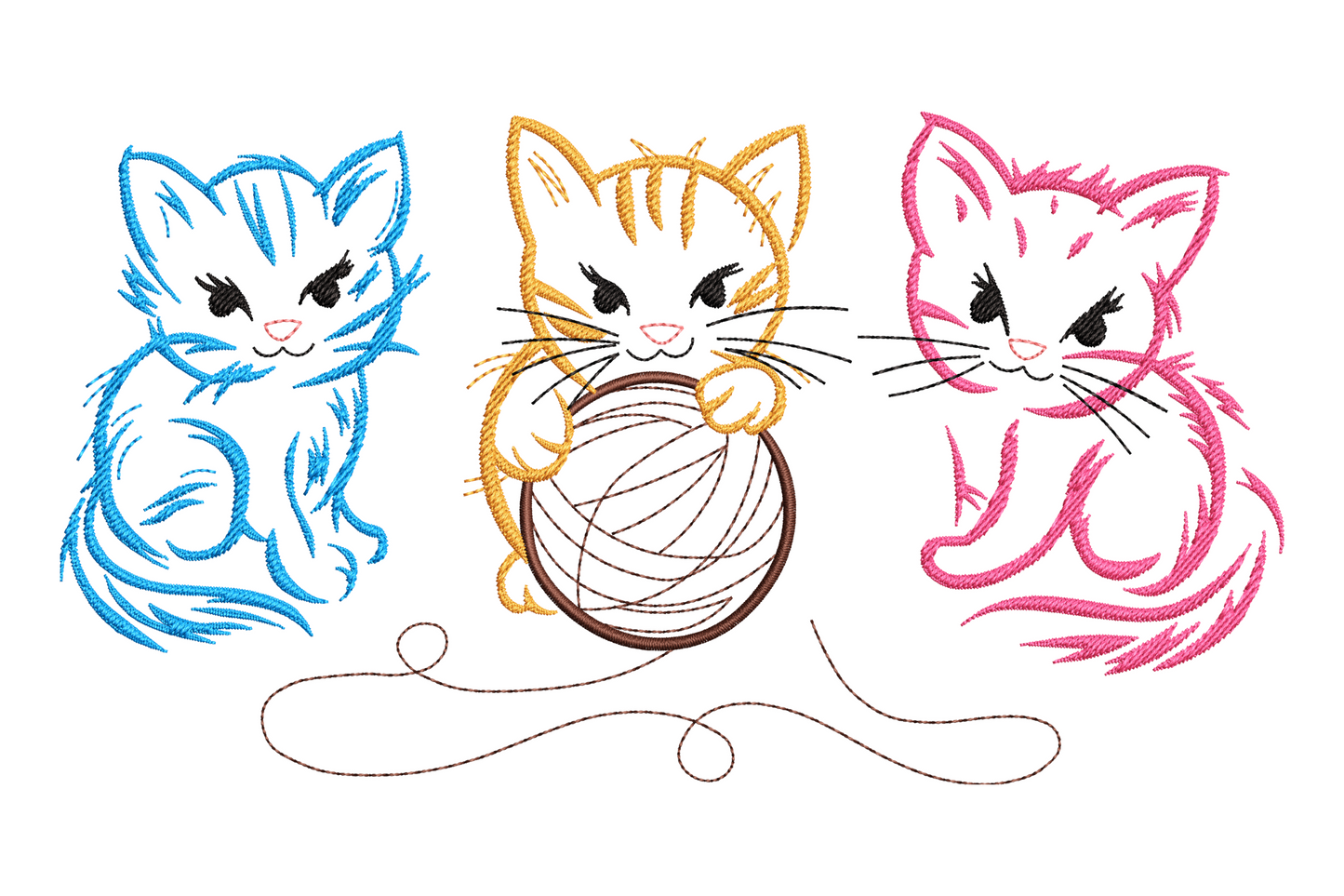 Three kawaii kittens in a row embroidery design, six colours, ginger, grey and white cats with big eyes on white background
