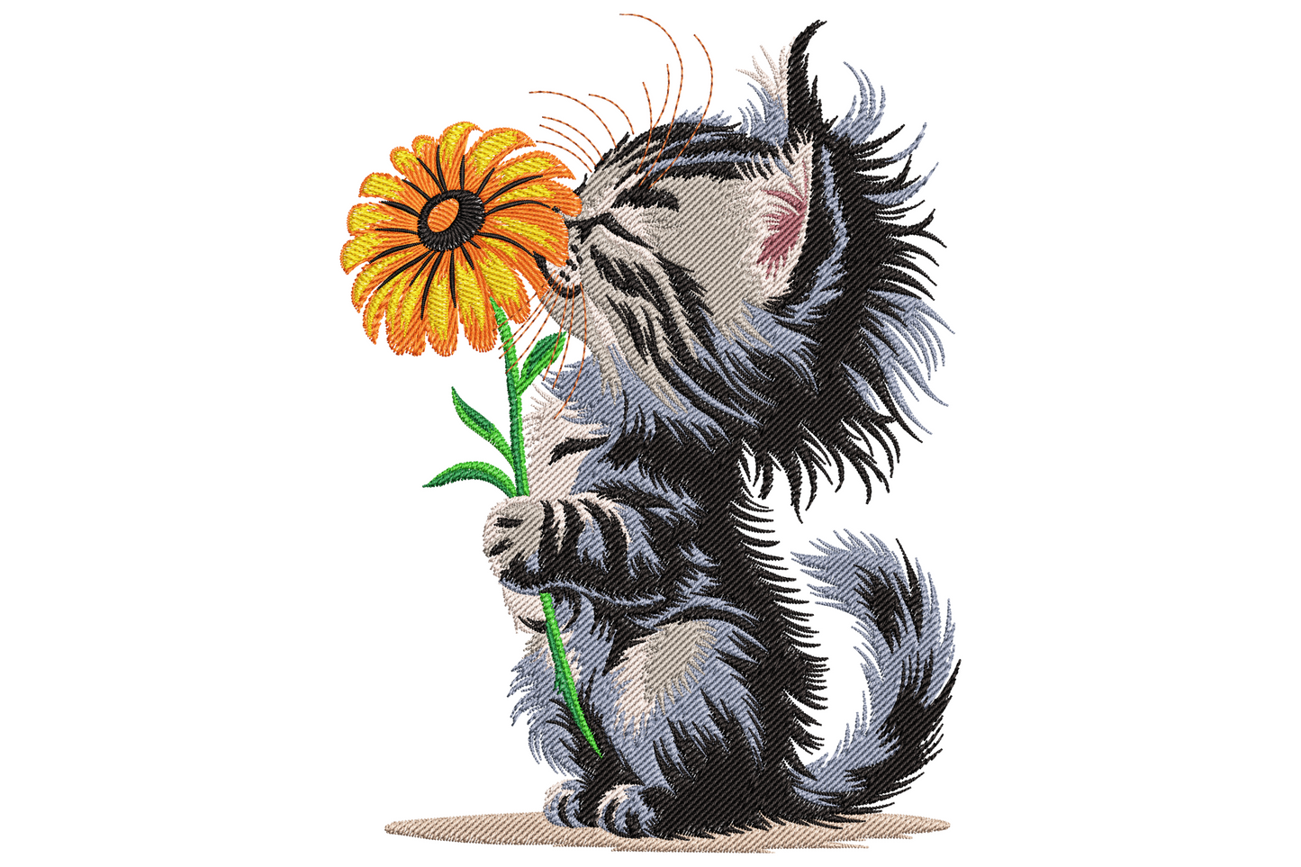 Cute kitten embroidery design with fluffy grey tabby holding an orange daisy flower, directional fur stitching and cream chest detail.