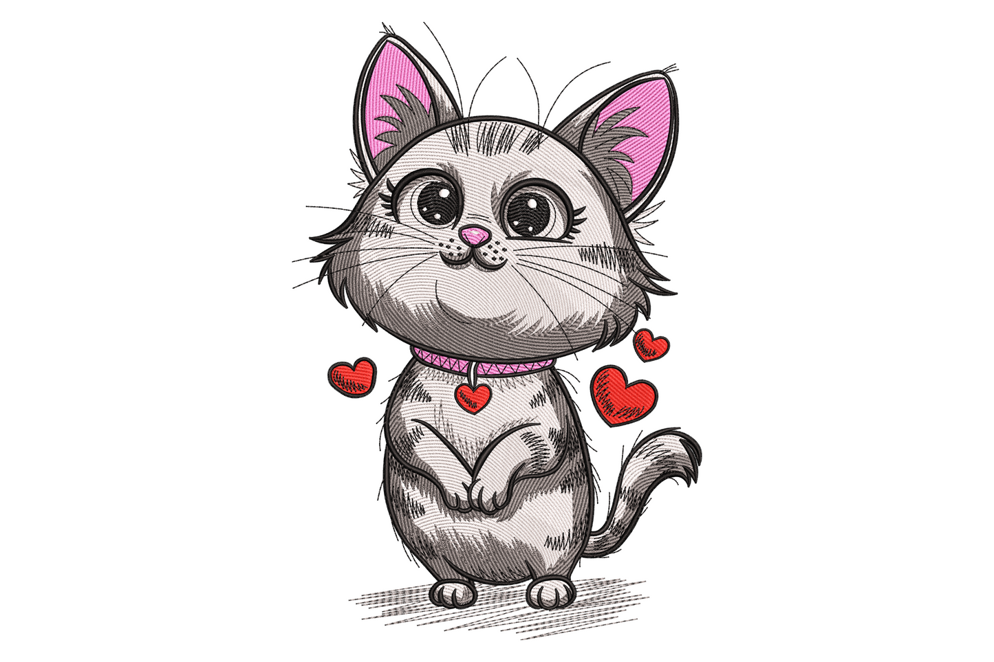Cute kawaii kitten embroidery design with sketchy grey fur, pink collar, red heart charm and floating hearts, 7 sizes.