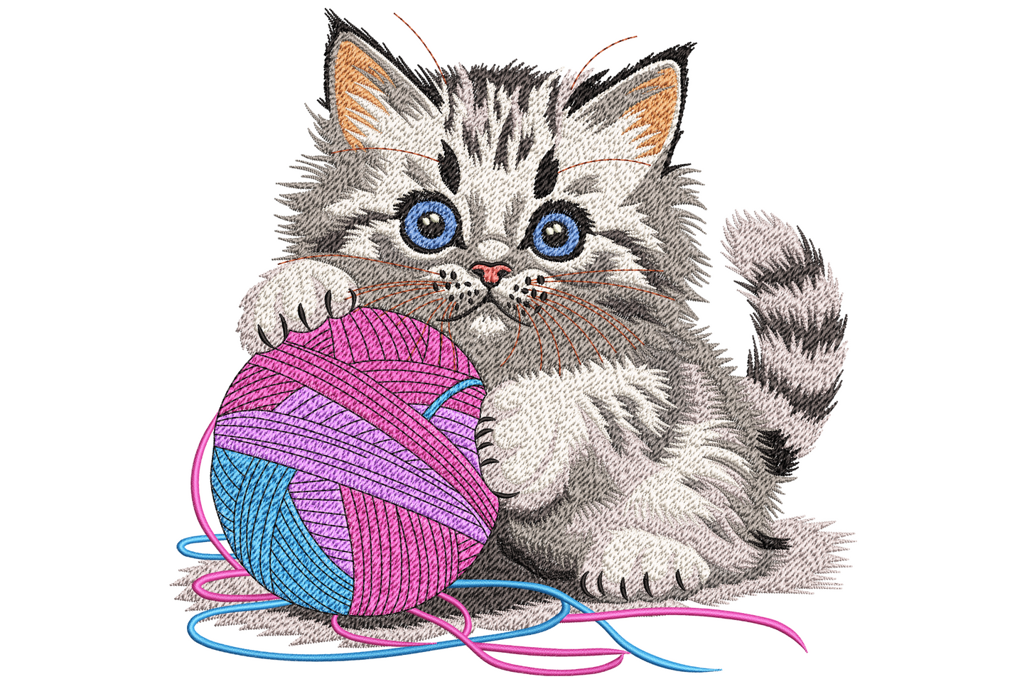 Cute kitten with yarn ball embroidery design, fluffy grey tabby with blue eyes hugging a pink and blue yarn ball on cream cotton.