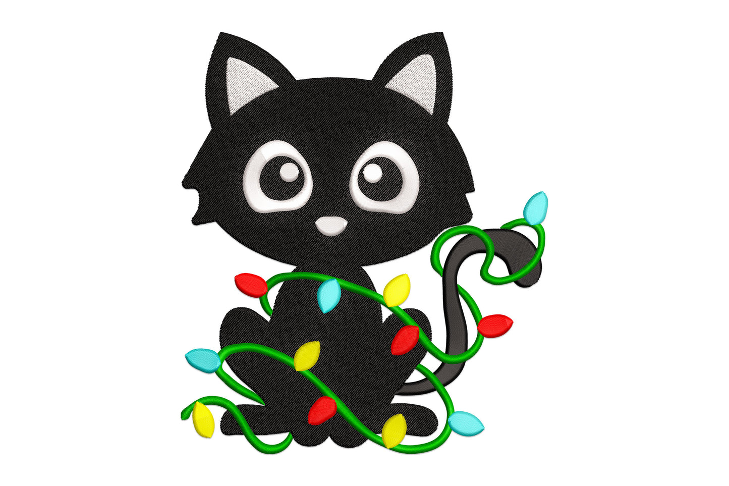 Black cartoon kitten embroidery design tangled in a looping green fairy light string with red, aqua and yellow bulbs.