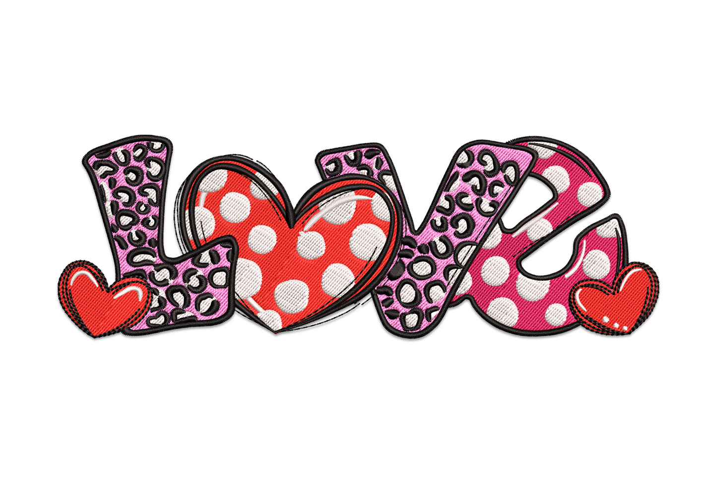 LOVE patchwork embroidery with leopard print and polka dot filled letters in pink red and black, flanked by small red hearts