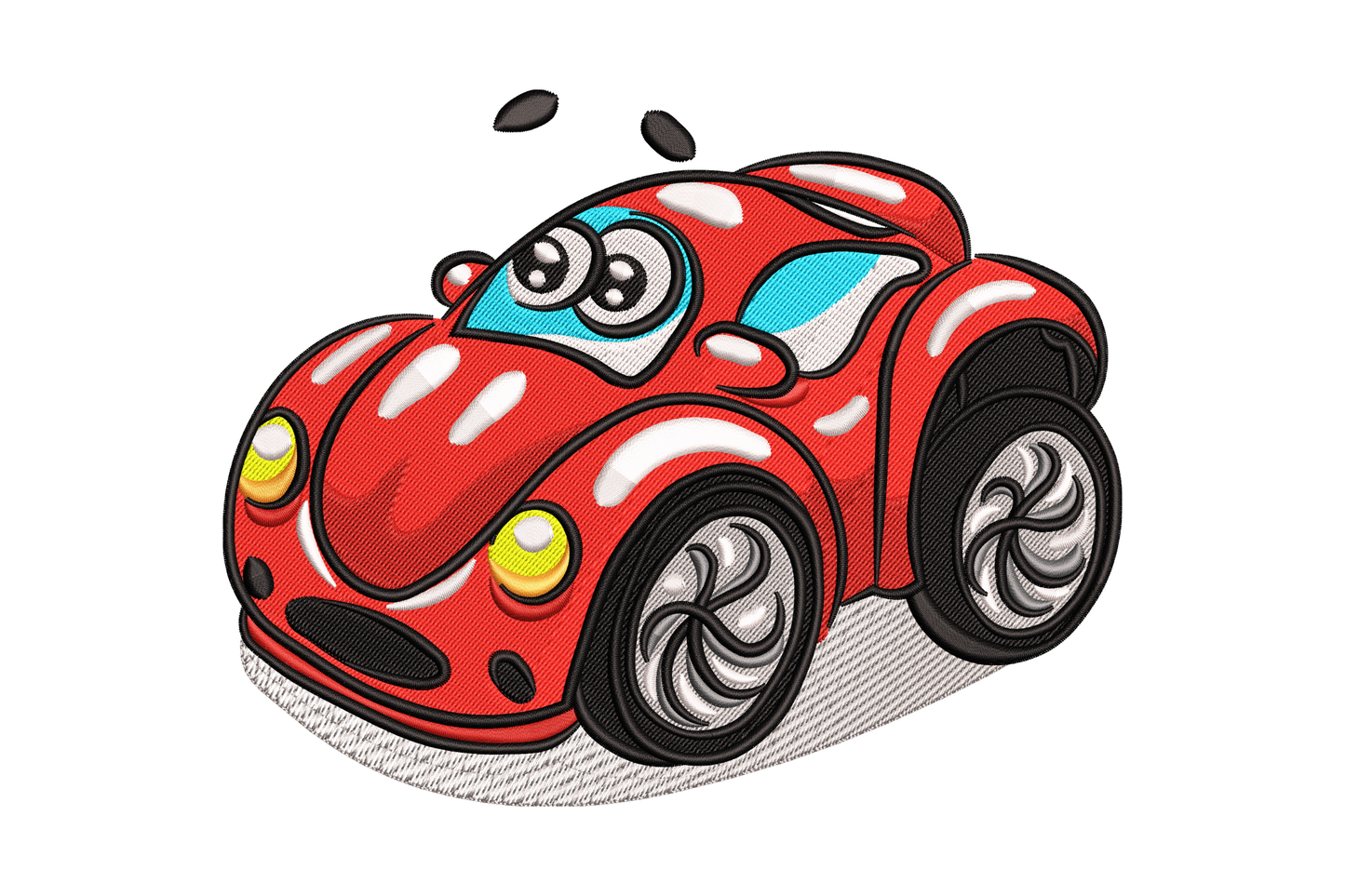 Red Beetle-style cartoon ladybug car with white spots, antenna roof dots, bug-eye windshield, kids machine embroidery design