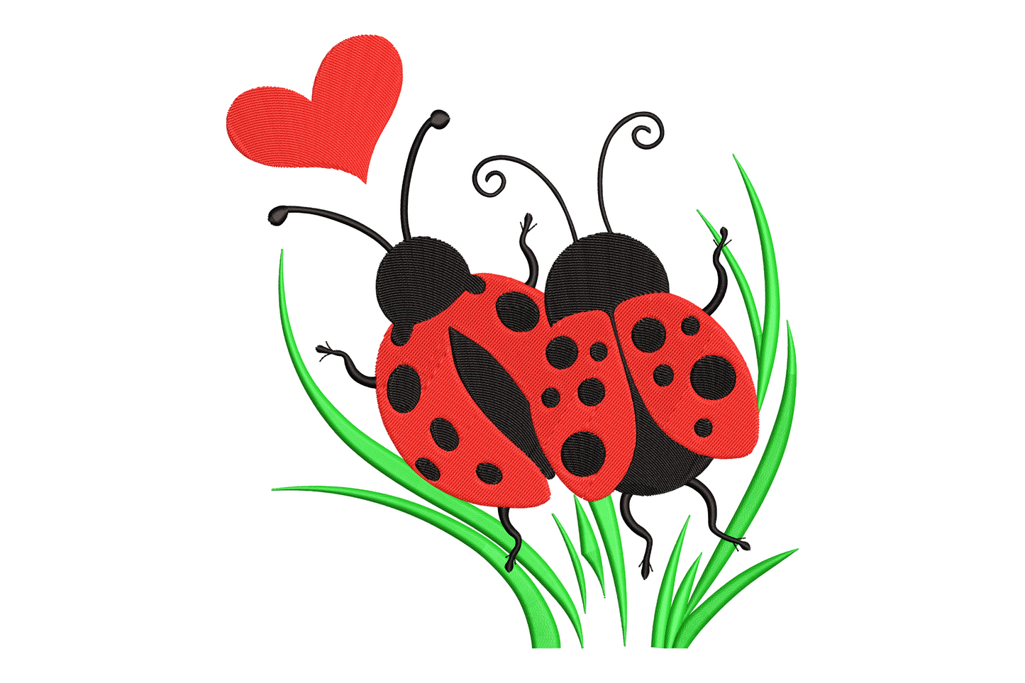 Machine embroidery design of two red ladybugs in green grass, one holding a red heart balloon on a curly antenna, 3 colors