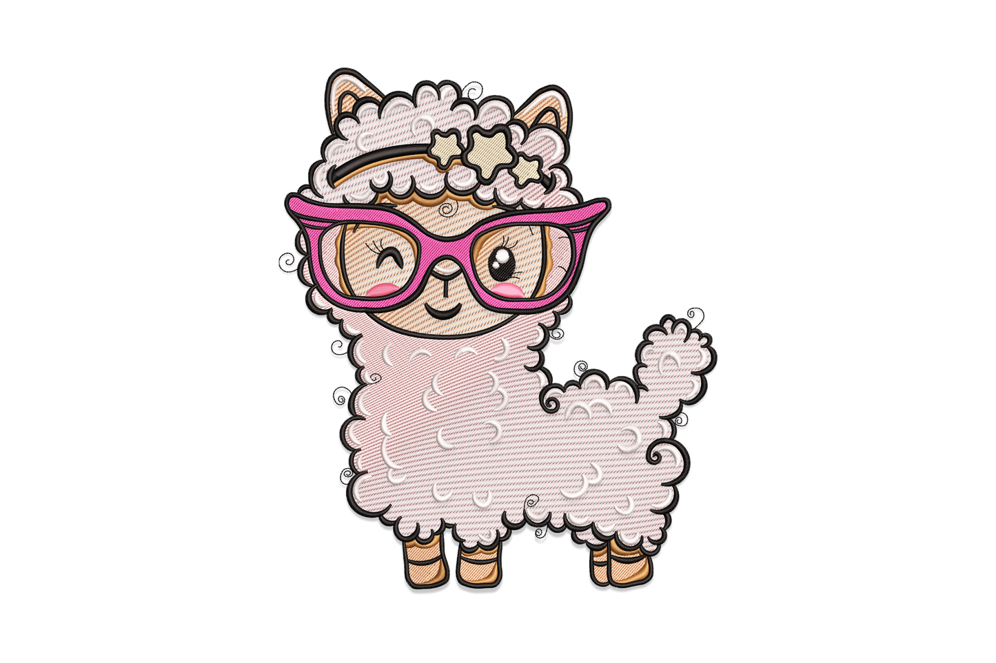 Cute llama with pink cat-eye glasses embroidery design in 8 colors standing full body with star crown on white background.