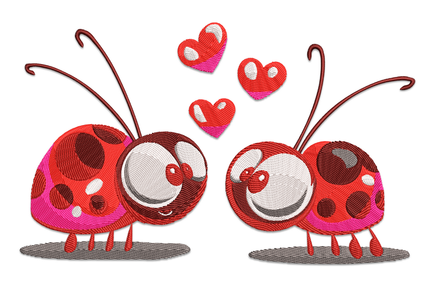 Machine embroidery design of a cartoon ladybug with heart-tip antennae in red, black, and blush pink on white background.