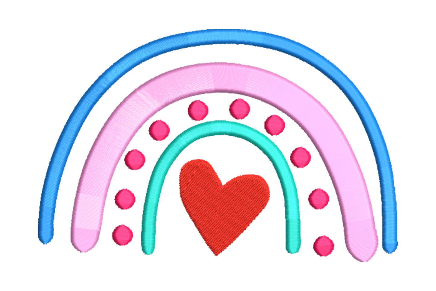 Boho love rainbow embroidery design with sky blue, pink and teal satin arcs and a red heart at the base, no outlines.